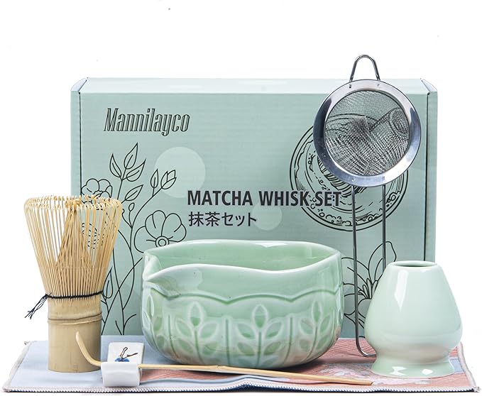 Matcha Whisk Bowl Set, 7PCS All-in-One Japanese Tea Set Includes Matcha Bowl with Spout, Bamboo Whisk (Chasen) with Stand, Scoop, Sifter, Complete Kit for Ceremony, Gift for Matcha Tea Lovers（Green)