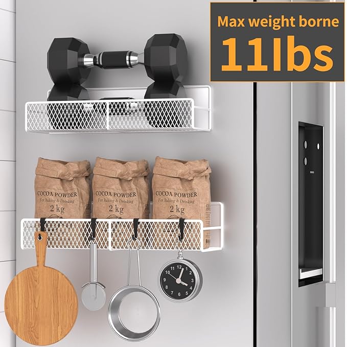 Magnetic Spice Rack for Refrigerator, 2 Pack 100% Metal Strong Magnet Shelf, Space Saving Spice Organizer W/ Hooks, Movable Magnetic Fridge Shelf, Kitchen Home Laundry Room Storage Organization, White