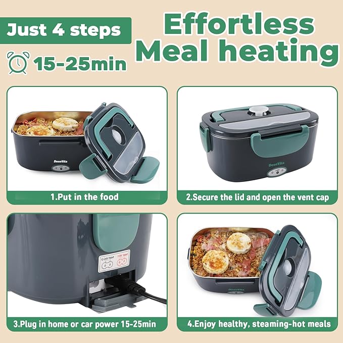 Electric Lunch Box for Adults, 80W Heated Lunch Box, 1.5L Stainless Steel Container | 12V/24V (Car/Truck) & 110V (Office/Home) | with Fork&Spoon and Insulated Carry Bag (Green-Dual Container)