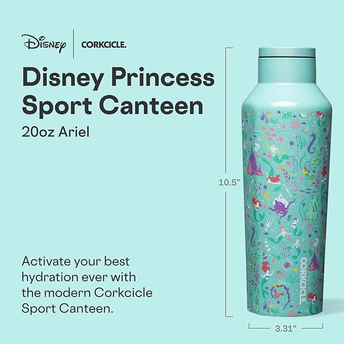Corkcicle Disney Princess Sport Canteen - Keeps Drinks Cold for 25 Hours - Triple-Insulated Stainless Steel - Screw-On Cap - Summer Drinkware Gift - Keeps Drinks Ice Cold - 20 oz - Ariel