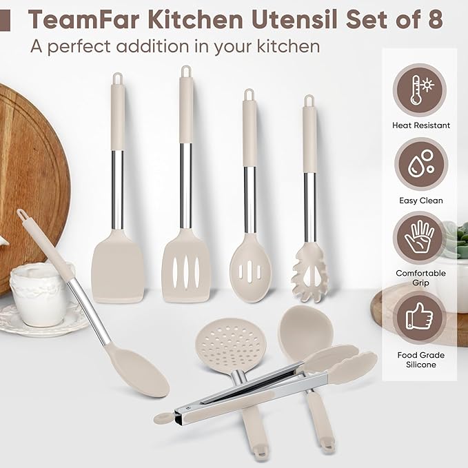 TeamFar Kitchen Utensils Set of 8, Silicone Utensils Kitchen Tools Set with Stainless Steel Handle, for Frying Serving Flipping Draining, Non-toxic & Heatproof, Nonstick & Dishwasher Safe - Khaki