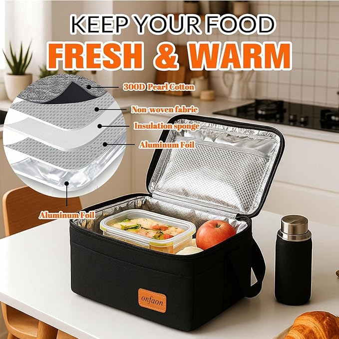 Lunch Bag for Men/Women, Insulated Reusable Lunch Box Leakproof Cooler Tote Bag Freezable with Adjustable Shoulder Strap for Office Work Picnic Beach(Black)