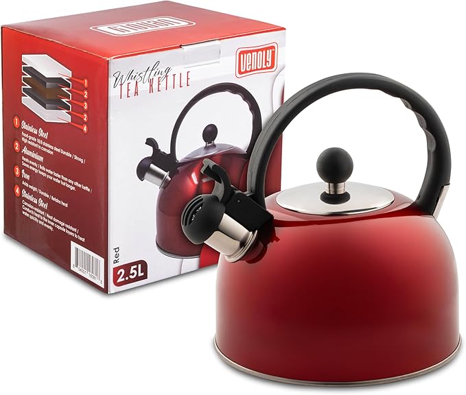 Venoly 2.5 Liter Whistling Tea Kettle - Modern Stainless Steel Whistling Tea Pot for Stovetop Hot Water Boiler with Cool Grip Ergonomic Handle (Wine Red, 2.5 Liter)