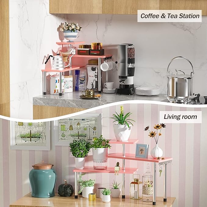 ZHWS Bathroom Counter Organizer Corner Shelf – Bathroom Organization Bamboo 3 Tier Spice Rack Makeup Organizer Bookshelf Space Saving Rack Kitchen Office Living Room (Pink)