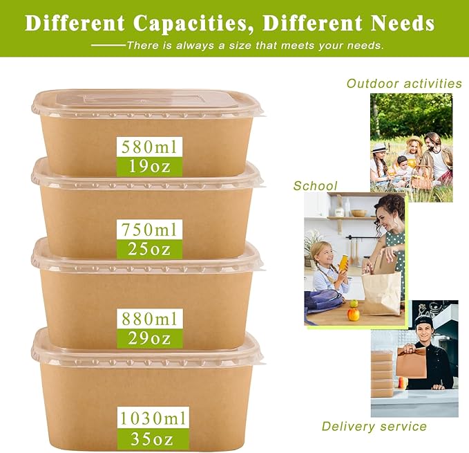 MINCOCO 50 Count Disposable Paper Bowls with Lids Meal Prep Containers 【Includes 50 Wooden Forks + 100 Labels】 Salad Food Containers Freezer & Microwave Safe Leakproof Soup Bowls (35 Ounce, 50-Count)