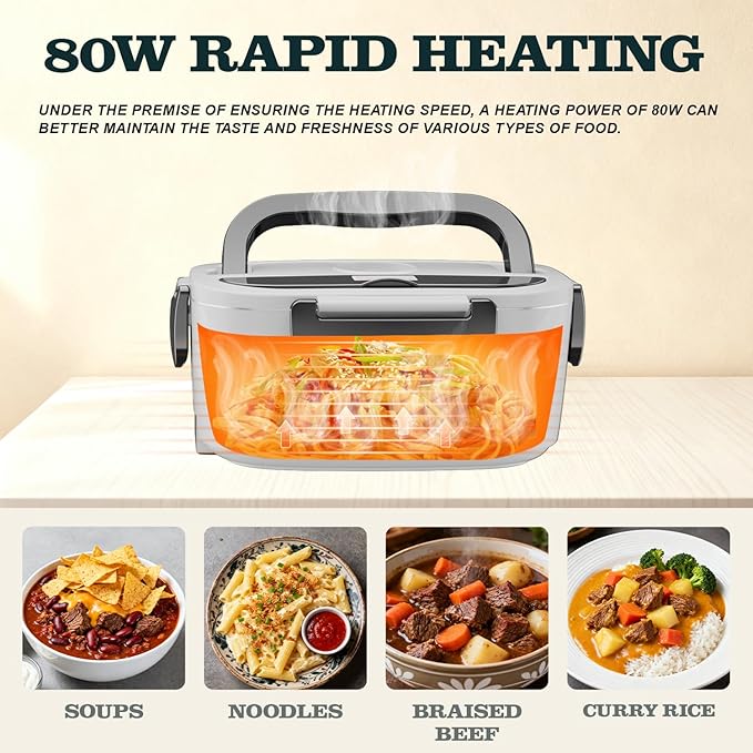 Buddew Electric Heated Lunch Box for Adults - 80W Fast Heating, 1.5L Food-Grade Stainless Steel, 12V/24V/110V Portable Food Warmer for Work Travel Car, Lonchera Electrica Portatil
