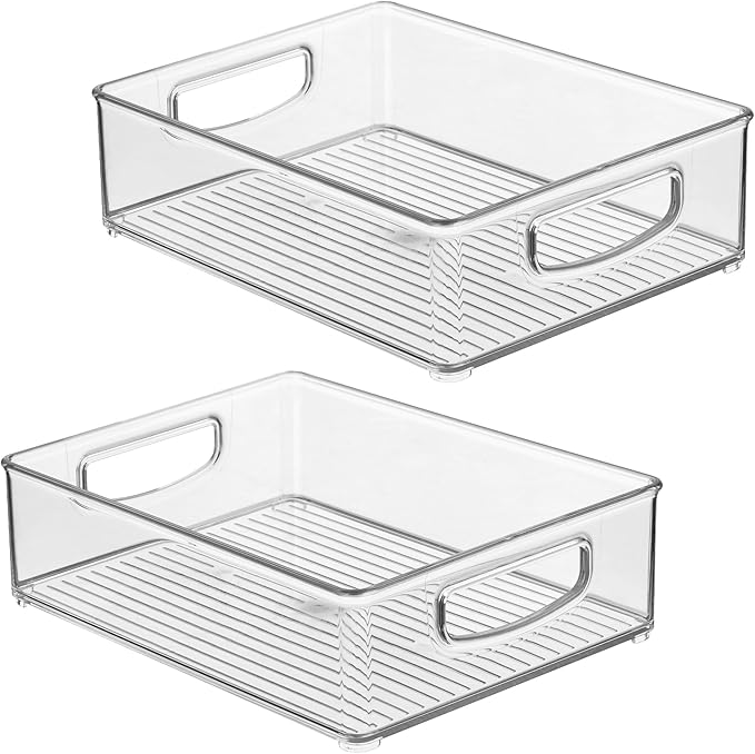 InterDesign iDesign Plastic Stackable Pantry Bin - Organizer Bin with Handles for Cabinets or Fridge - Set of 2 - Clear