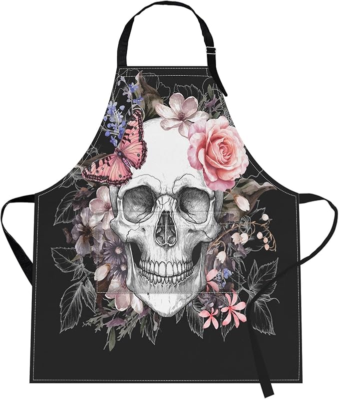 Britimes Apron Home Kitchen Cooking Baking Gardening for Women Men with Pockets Skull Flowers Vintage Rose Floral 32x28 inch