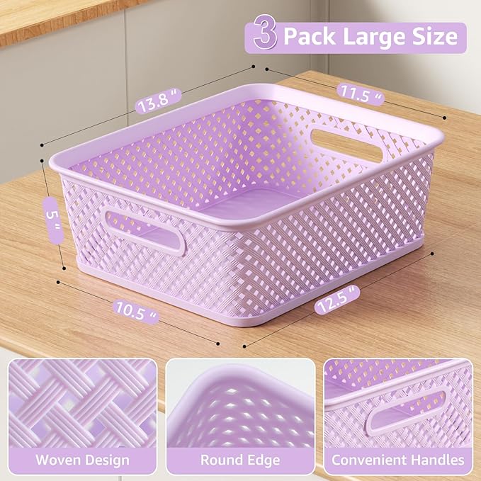 MaxGear Organization and Storage 3 Packs, Plastic Bins Organizer Bin, Woven Baskets for Storage, Plastic Baskets with Handles, Purple Basket for Organizing, Basket Organizer for Home and Office, Large
