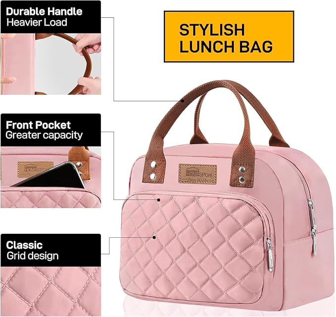 HOMESPON Lunch Bag for Woman Man Adults with Front Pocket Insulated Lunch Tote Lunch Box Container for Work Picnic or Travel(Pink)