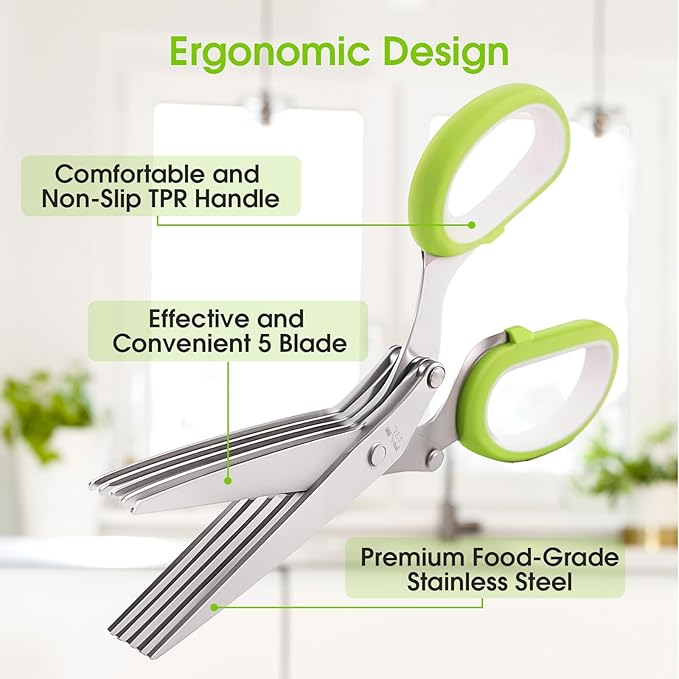 Herb Scissors, Kitchen Shears with 5 Blades and Cover, Multipurpose Cutting, Dishwasher Safe, Used for cutting herbs and paper, Green