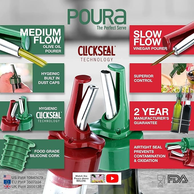Poura Vinegar and Olive Oil Bottle Drizzler Set with ClickSeal BPA Free Pour Spouts | Glass Oil & Vinegar Dispenser Bottles for Cooking & Dining | Hygienic Covers + Silicone Decanter Funnel 500ml