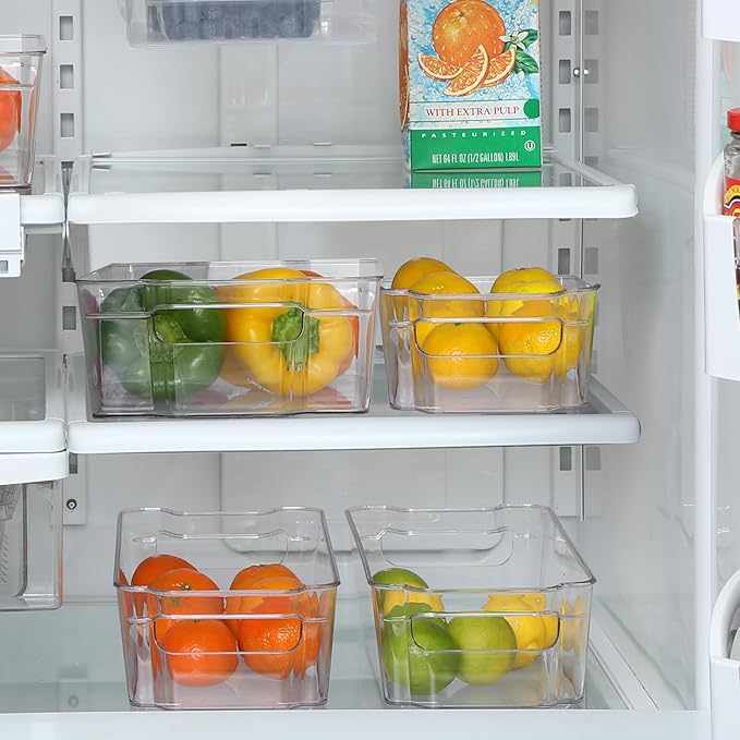 Smart Design Stackable Set of 4 Refrigerator Bins with Handle - 6 x 12 Inch - BPA Free Plastic - Fridge, Freezer, Pantry Organizer, Cabinet Storage, Food, Produce, Fruit Containers - Kitchen - Clear