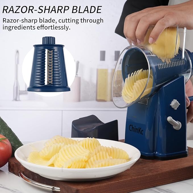 Rotary Cheese Grater Shredder - Upgraded 5 in 1 Cheese Grater with Handle and Strong Suction Base, Multi-purpose Julienne Slicer Ice Shaver Nuts Grinder for Ice, Vegetables, Fruit, Nuts