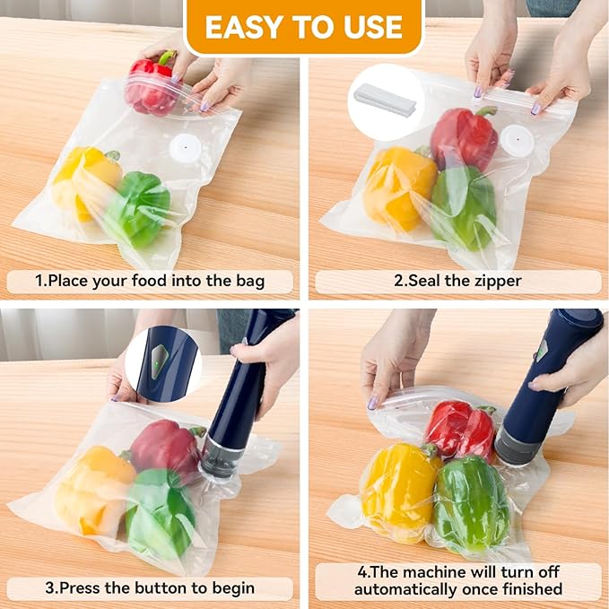 Compact Vacuum Sealer for Food with Bags & Mason Jar Kit, Saver 5X Fresh Longer, 15PCS Reusable Bags, Wide and Regular Mouth Kits, Wine Stopper for Kitchen Fridge Travel Seal Meal