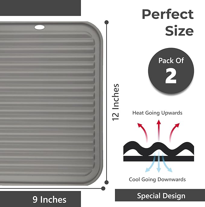 Silicone Trivets for Hot Dishes, Pots, Pans (2 Pack) - Heat-Resistant Pot Holders for Kitchen Countertop Mats - Silicone Trivet Mat (9 x 12 Inch) - Multipurpose Counter Pads (Grey)