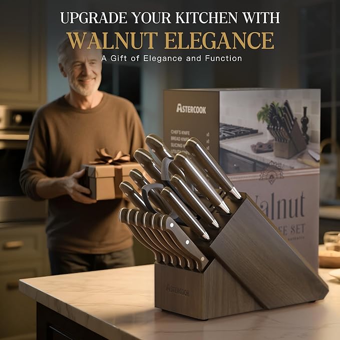 Knife Set, Astercook 17-Pieces Forged Kitchen Knife Set with Block – Full-Tang Stainless Steel Knives, Forged Triple Rivet, Luxury Walnut Handles, Gift-Ready Collection