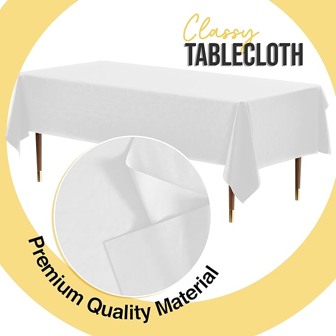 Party Solids 66% Thicker Premium Plastic Table Cloth Rectangle Table Cover 0.5 Mil 6 Pack White Table Cloth 54 Inch x 108 Inch Disposable Tablecloth Won't Tear Easily Like Cheap Thin Brands
