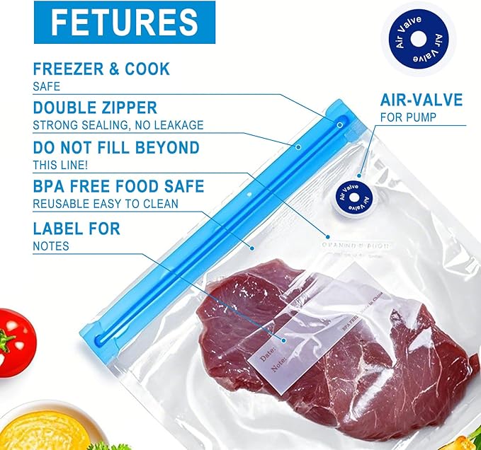 Reusable Sous Vide Bags 43Pcs BPA-Free, 4.3L Vacuum Sealer Bags for Cooking & Microwave, 35 Zipper Bags, 3 Seal Clips ＆ 5 Cooking Clips, Heat-Resistant & Leakproof (12x13.5in)