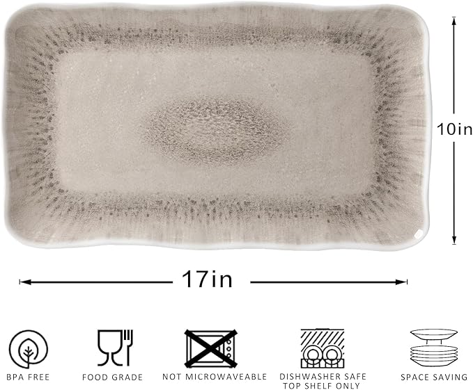 Vintage Melamine Serving Platters, Set of 2, 17'' x 10'' 100% Melamine And BPA Free Farmhouse Large Serving Trays. Warm Gray