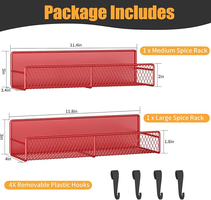 Magnetic Spice Rack for Refrigerator, 2 Pack 100% Metal Strong Magnet Shelf, Space Saving Spice Organizer W/ Hooks, Movable Magnetic Fridge Shelf, Kitchen Home Laundry Room Storage Organization, Red