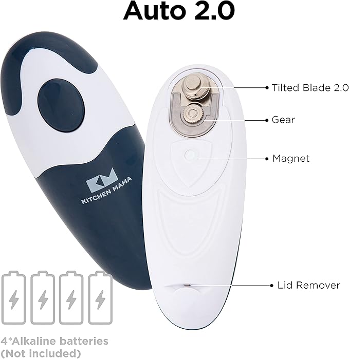 Kitchen Mama Auto 2.0 Electric Can Opener: Blade Opens Almost Any Can Pop or Soda Can - Automatic, Hands Free, Safe, Smooth Edge, Lid Remover, Battery Operated, Cordless, YES YOU CAN (Navy Blue)