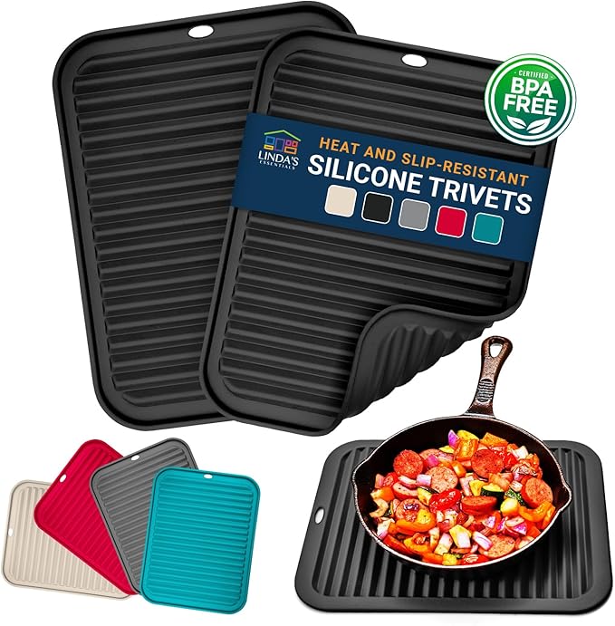 Silicone Trivets for Hot Dishes, Pots, Pans (2 Pack) - Heat-Resistant Pot Holders for Kitchen Countertop Mats - Silicone Trivet Mat (9 x 12 Inch) - Multipurpose Counter Pads (Black)