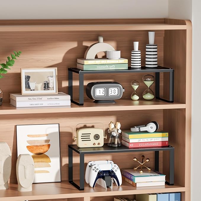 15.75" Long Stackable Expandable Metal Shelf Organizer For Kitchen Cabinet Counter Storage, Set of 2 Small Metal Storage Shelves Spice Rack For Kitchen Cupboard Countertop,Sturdy, 30LBS Heavy Duty