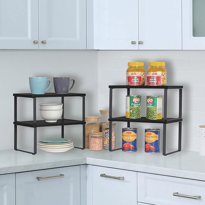 CADUKE Counter Shelf Organizer Set of 2 Kitchen Cabinet Shelves Expandable Countertop Shelves Organizer Wood Cabinet Shelf Black Stackable Storage Rack for Pantry