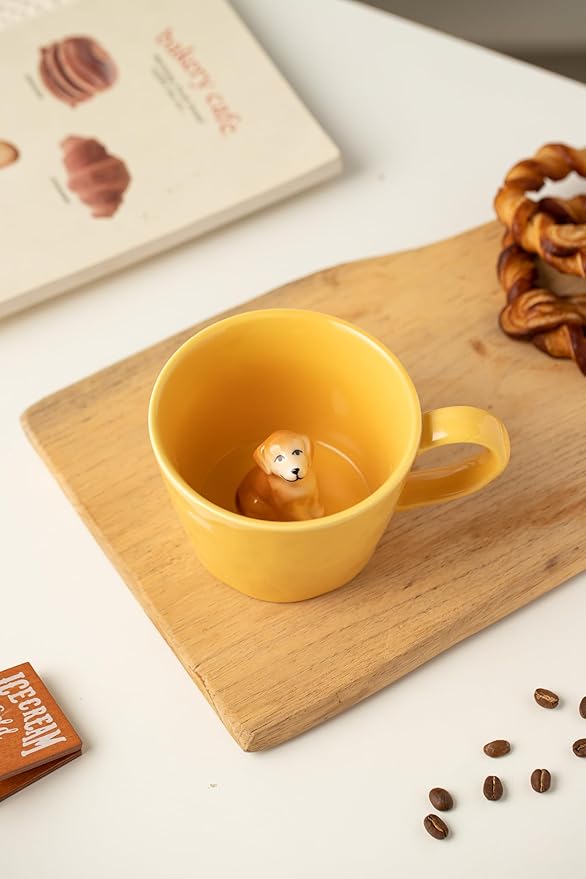 DIHOclub Dog Coffee Cup Hidden Ceramic Animal Inside Mug,Cute Cartoon Handmade Figurine Mugs,Holiday and Birthday Gift for Coffee Milk Tea Lovers,12 Oz(yellow)
