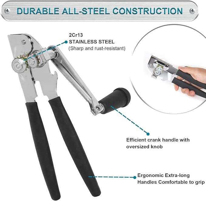 Commercial Can Opener with Magnet, Manual Heavy Duty Folding Hand Crank Can Opener Smooth Edge with Comfortable Long Handles, Fit All Size Cans, Large Cans