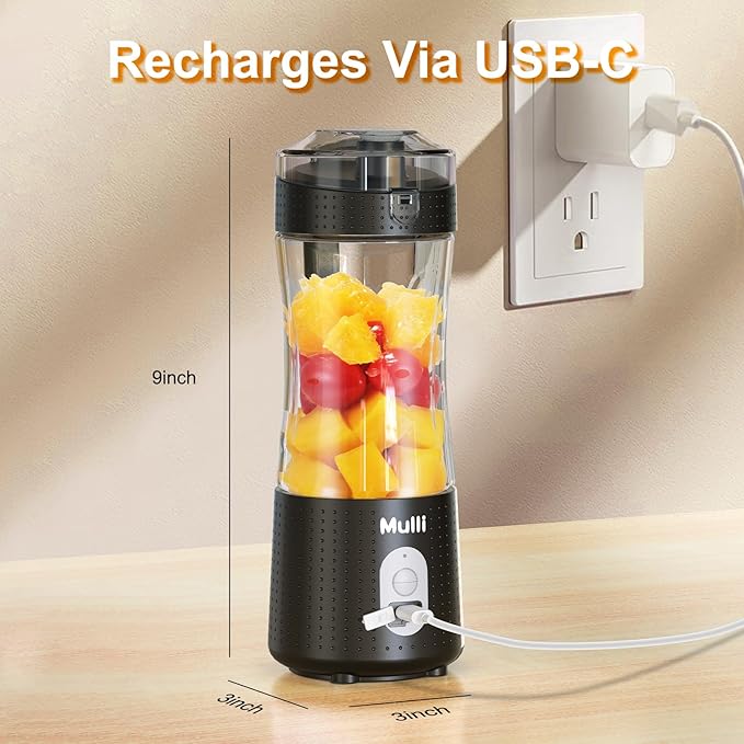 ‌Mulli Pro-Grade Personal Blender 18K RPM - USB-C Rechargeable Ice Crusher, Travel Blender for Gym Camping Baby Food, 13oz BPA-Free with Flip-Top Lid