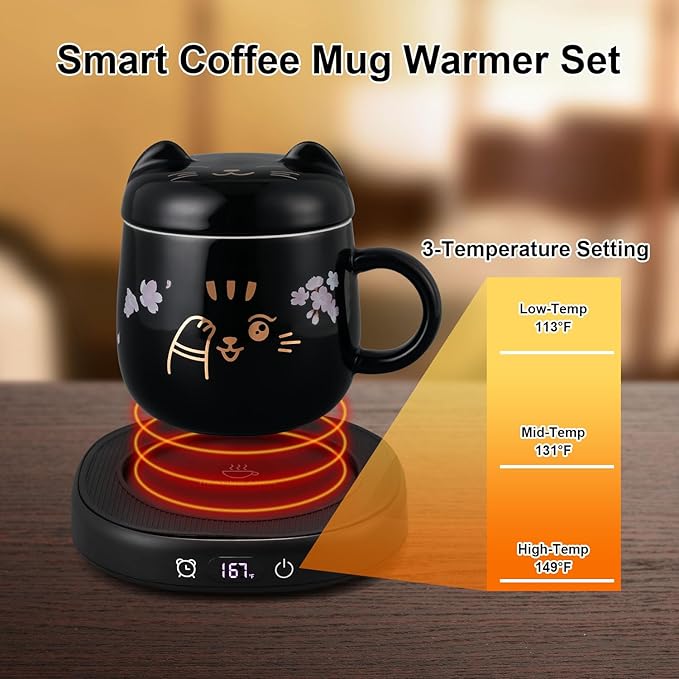 Coffee Mug Warmer & Cute Cat Mug Set, Electric Cup Warmer for Desk with Auto Shut Off, 4 Temperature Setting & 8h Timer Smart Tea Beverage Warmer for Coffee Office, Ideal for Men Women Birthday Gifts