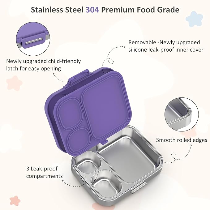 Stainless Steel Bento Box Kids, Leak Proof Metal Bento Lunch Box,3 Compartments 304 Stainless Steel Bento Lunch Containers for School and Office,BPA-Free(Purple)