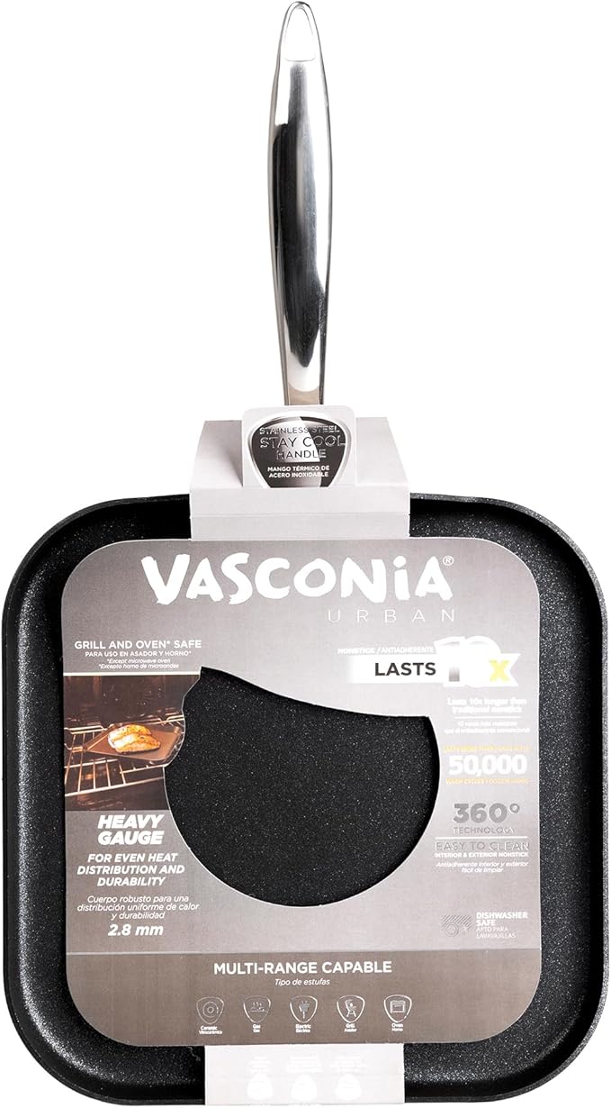 Vasconia Urban 11" Square Nonstick Griddle Pan - Home and Commercial Kitchen Cookware, Dishwasher and Oven Safe Up to 475°F - Made in Mexico Aluminum Griddle Pan for Stove Top with Fast-Cooling Handle