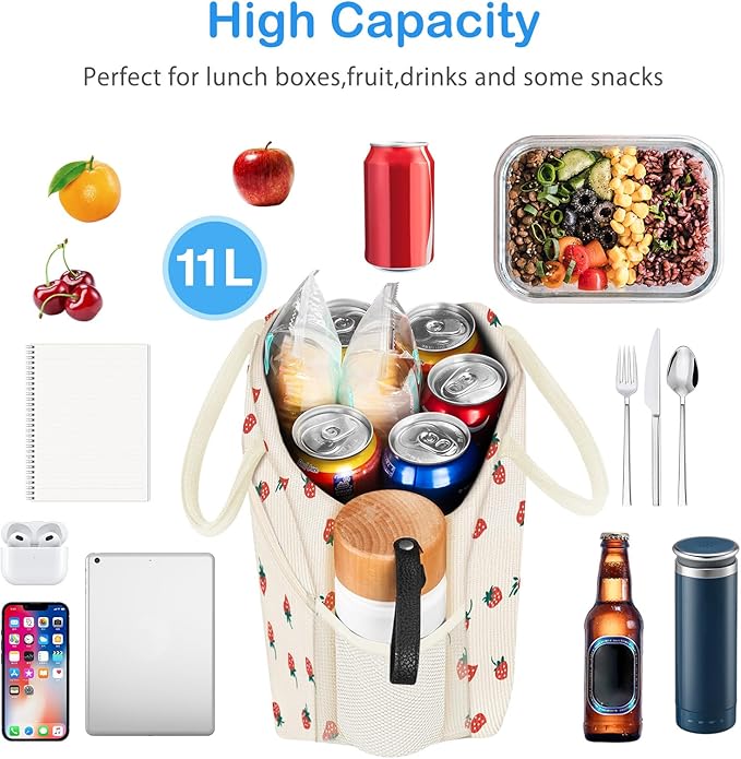 DALINDA Insulated Strawberry Lunch Bag for Women,Cute Corduroy Lunch Tote Bags Lunch Box Water-Resistant Large Capacity Reusable Insulated Cooler for Work Picnic or Travel
