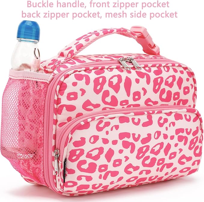 FlowFly Kids Lunch box with buckle Insulated Cooler Back to School Thermal Meal Tote Kit for Girls, Boys, Pink Cow
