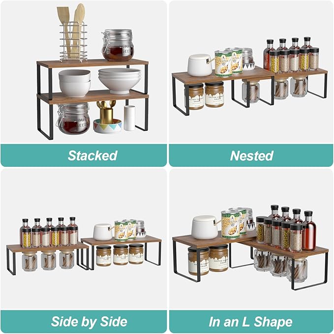 NEX Cabinet Organizer Shelf, Set of 2 Kitchen Counter Shelves, Spice Rack, Stackable Kitchen Shelves Organizer, Pantry Cupboard Dish Mug Cup Storage Shelf, Black and Brown