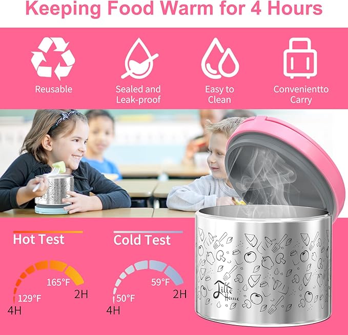 Lille Home Portable Insulated Lunch Box Set with Stainless Steel Cutlery, vacuum lunch box, to Keep Food Warm or Cool, Two Containers for Fruits and Sauces, Durable and Leak-Proof(Pink)