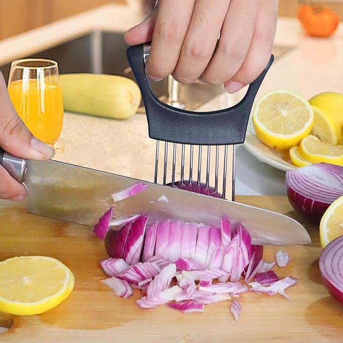 JAYVAR Onion Holder for Slicing, Onion Cutter Vegetable Chopper, Stainless Steel Tomato Slicer Vegetable Cutter for Potato, Avocados, Eggs, Food Slicer Assistant Tool for Fruit Lemon and Meat