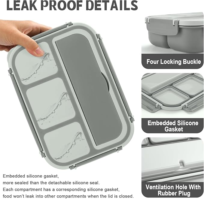 Bento Box Adult Lunch Box, Lunch Containers for Kids Girls Boys with 4 Compartments, Lunchable Food Container with Utensils, Sauce Jar, Muffin Liners, 40 Oz/5 Cup, Microwave & Dishwasher Safe, Gray