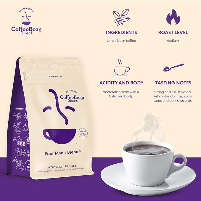 Coffee Bean Direct Poor Man's Blend®, Whole Bean Coffee, Medium Roast, 2.5 Pound Bag (Pack of 1)