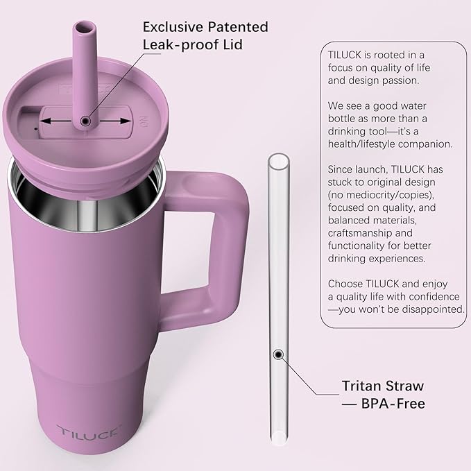 TILUCK 30 oz Tumbler with Handle, Vacuum Insulated Stainless Steel Travel Mug with 100% Leak-Proof Silicone Straw Lid, Cupholder Friendly Water Bottle(Lilac, 30oz)
