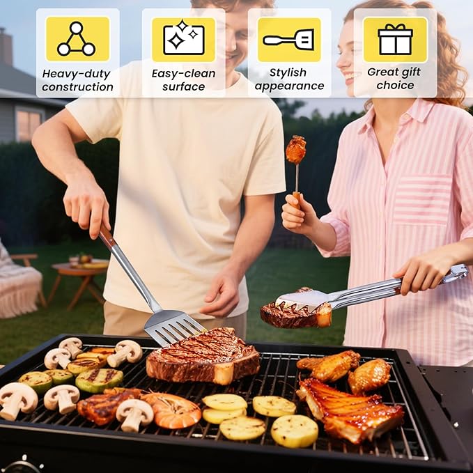 4PCS Grilling Accessories Rose Wooden BBQ Grilling Tools Set, Heavy Duty Stainless Steel Barbecue Grill Tools Kit with Spatula, Clips, Brushes, Forks for Outdoor Grill, BBQ Gift for Men and Women