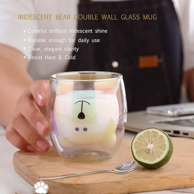 Cute Mugs Double Wall Glass Coffee Glass Cup Kawaii Bear Tea Milk Cup Funny Mug Animal Mug Aesthetic Cup for Office and Personal Birthday Gift (Iridescent Bear)