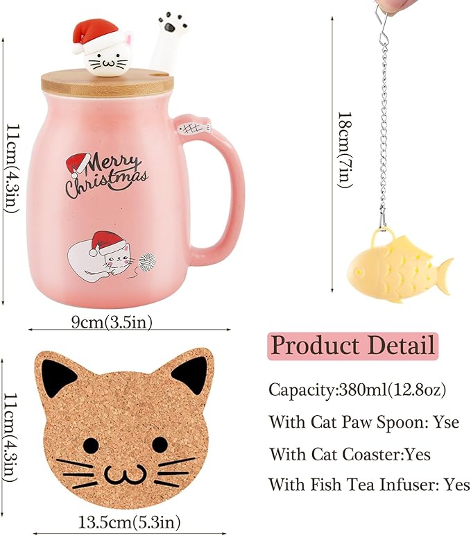 BigNoseDeer Christmas Mugs Kawaii Ceramic Cat Mug Tea Cup Cute Mugs Coffee Mug with Lid Spoon Tea Mug Christmas Gifts for Women 13oz