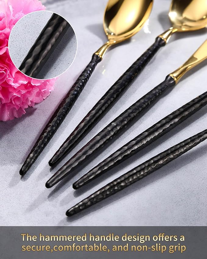 Lemeya 20-Piece Hammered Black Gold Silverware Set,18/10 Stainless Steel Forging Heavy Duty Cutlery Set for 4, Luxury Unique Flatware Set,Spoons and Forks Set,Mirror Polished,Dishwasher Safe
