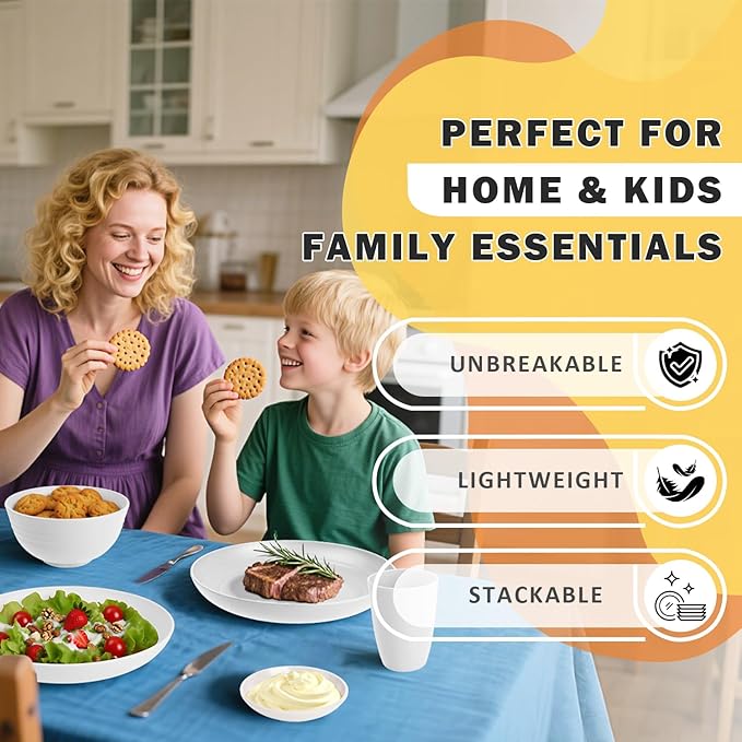 Wheat Straw Plates and Bowls Sets of 16，Unbreakable Dinnerware Sets for 4, Microwave & Dishwasher Safe Kids Dish Set for Kitchen, Outdoor, Camping, Party, RV- White