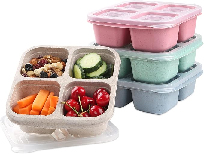 4 Pack Snack Containers, 4 Compartments Bento Snack Box, Reusable Meal Prep Lunch Containers for Kids Adults, Divided Food Storage Containers for School Work Travel