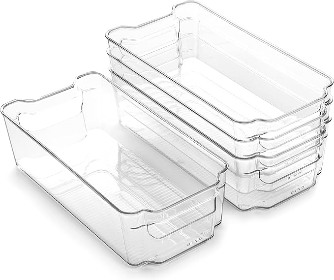 BINO | Stackable Storage Bins, Medium - 4 Pack | The Stacker Collection | Clear Plastic Storage Bins | Organization and Storage Containers for Pantry & Fridge | Multi-Use Organizer Bins | BPA-Free